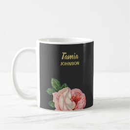Caneca De Café Cinza de nome personalizado de flor rosa
