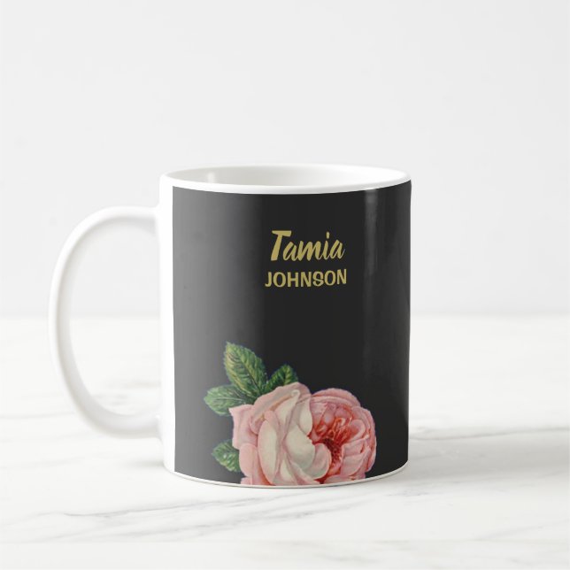 Caneca De Café Cinza de nome personalizado de flor rosa (Esquerda)
