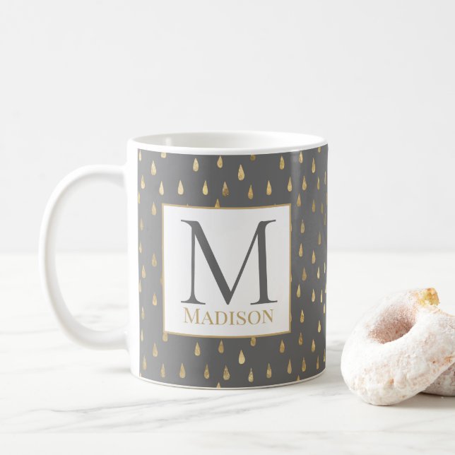 Caneca De Café Cinza Dourada Raindrop Modern Trendy Monograma (Com Donut)