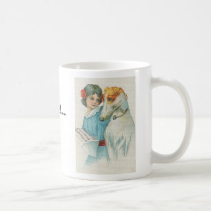 Caneca De Café Cinza e menina com música, eu adotei um galgo…