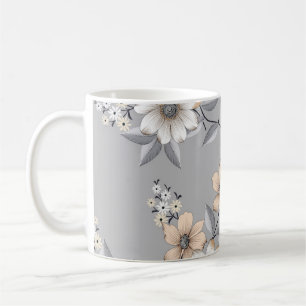 Caneca De Café cinza e padrão de flor branca no fundo da cinza