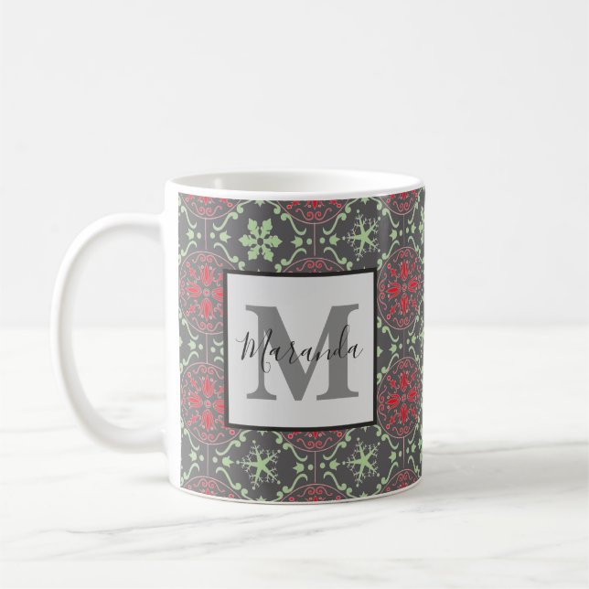 Caneca De Café Cinza Elegante Nórdico Inverno Floco de Neve Monog (Esquerda)