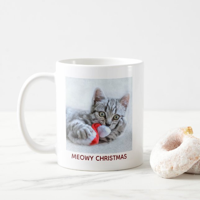 Caneca De Café Cinza Feliz de Natal, de Gato (Com Donut)