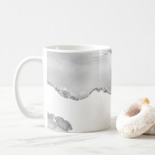 Caneca De Café Cinza Marble Branco Agate Simples Silver Gliter