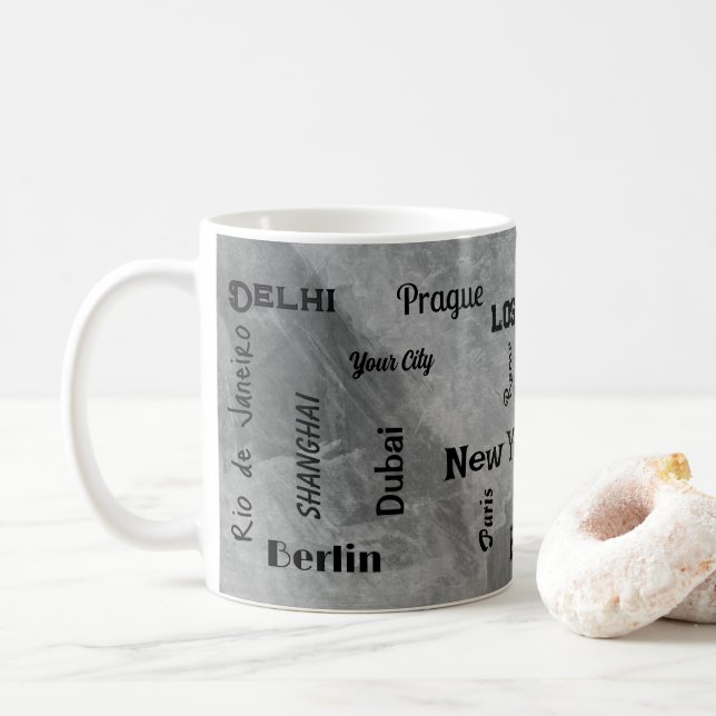 Caneca De Café cinza Mega cidade (Com Donut)