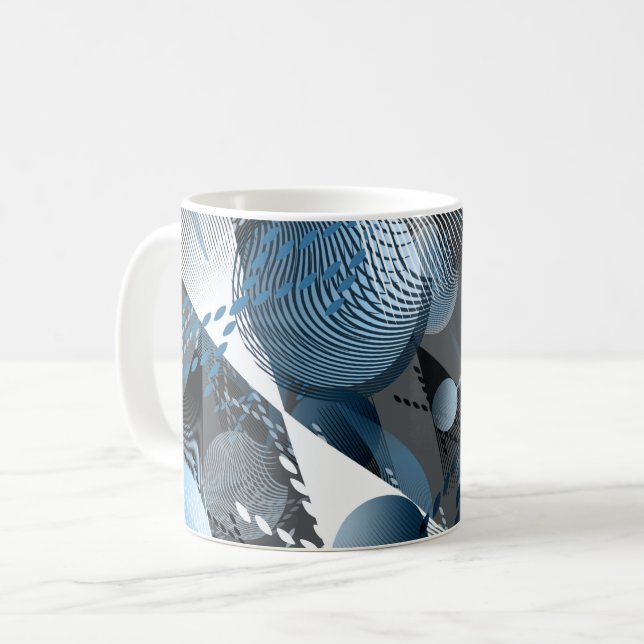 Caneca De Café Cinza, padrão abstrato branco, azul. (Frente Esquerda)
