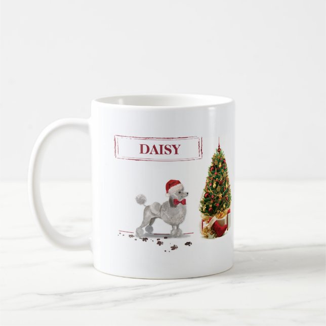 Caneca De Café Cinza Poodle Engraçado Cachorro de Natal com Árvor (Esquerda)