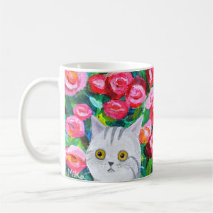 Caneca De Café Cinza por gato com flores Bonito