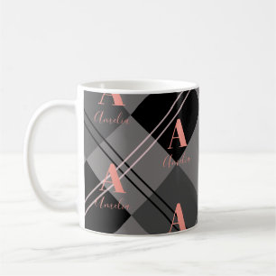 Caneca De Café Cinza preto-e-Xadrez monograma