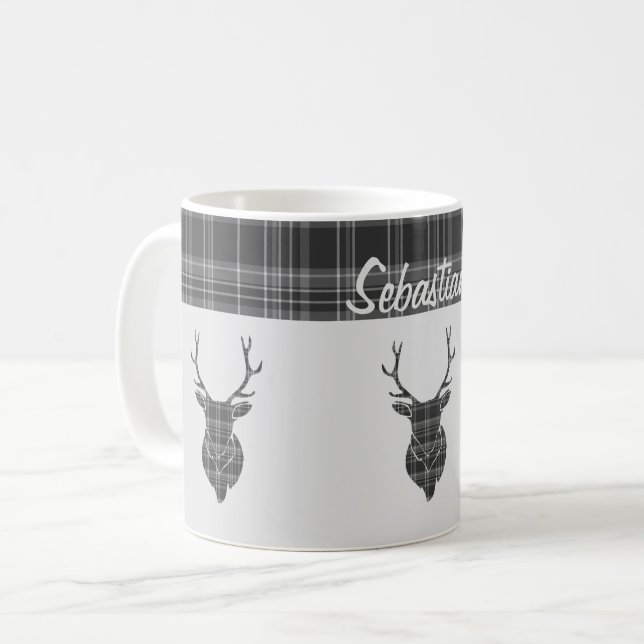 Caneca De Café Cinza Rústica Tartan Patterno E Stag Head Antler (Frente Esquerda)