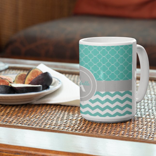 Caneca De Café Cinza Teal Chevron Quatrefoil (Criador carregado)