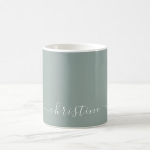 Caneca De Café Cinza Verde Claro Branco Minimalista Nome Personal