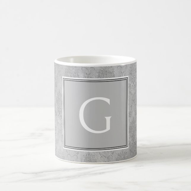 Caneca De Café Cinza Vintage Damask Monograma (Centro)