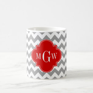 Caneca De Café Cinza Whevron Red Quatrefoil 3 Monograma