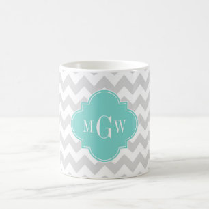 Caneca De Café Cinza Wht Chevron Aqua Quatrefoil 3 Monograma