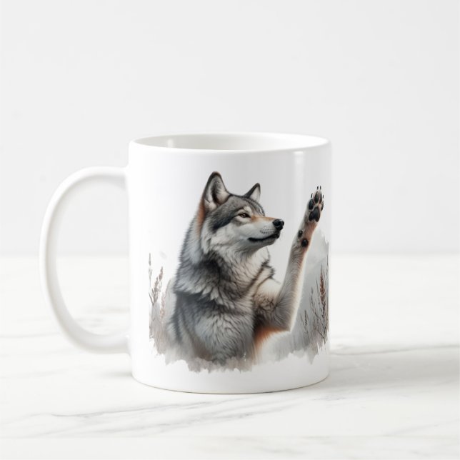 Caneca De Café Cinza Wolf Paws Up em Watercolor (Esquerda)