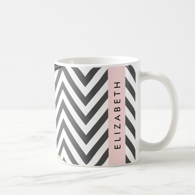 Caneca De Café Cinza Zigzag, Cinza Chevron, Mint, Seu Nome (Direita)