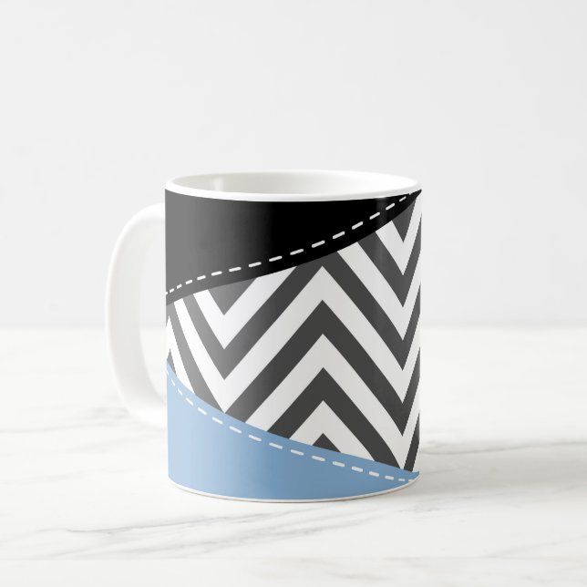 Caneca De Café Cinza Zigzag, Cinza Chevron, Zigzag Patterno, Azul (Frente Esquerda)