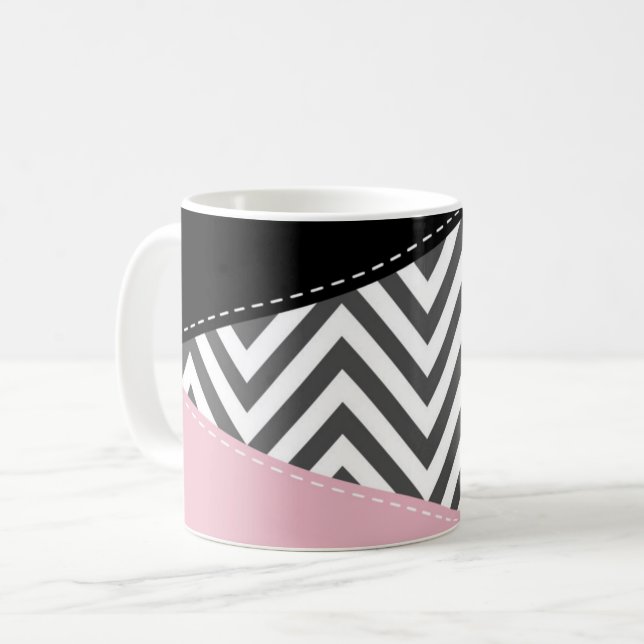 Caneca De Café Cinza Zigzag, Cinza Chevron, Zigzag Patterno, Rosa (Frente Esquerda)