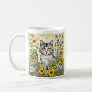 Caneca De Café Cinzas e Gatinhos Brancos Sentados em Flores