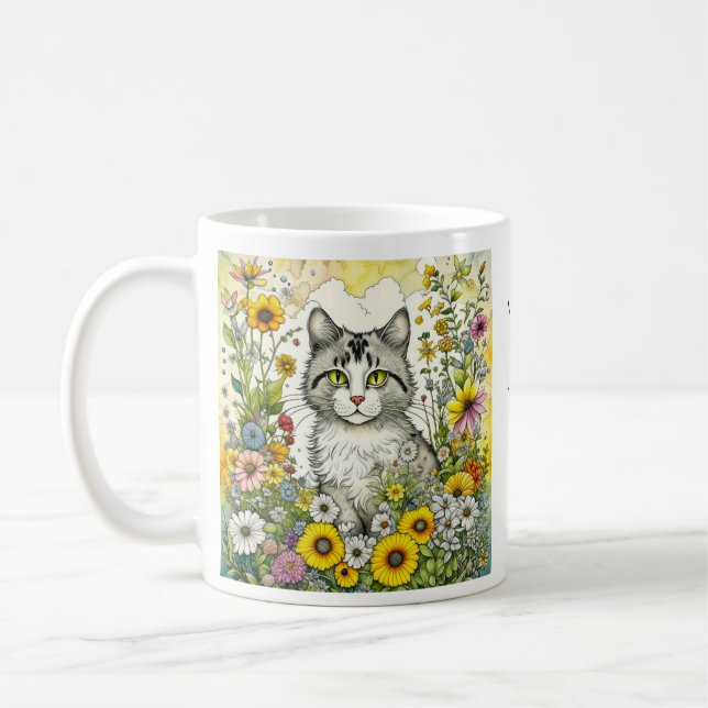 Caneca De Café Cinzas e Gatinhos Brancos Sentados em Flores (Esquerda)