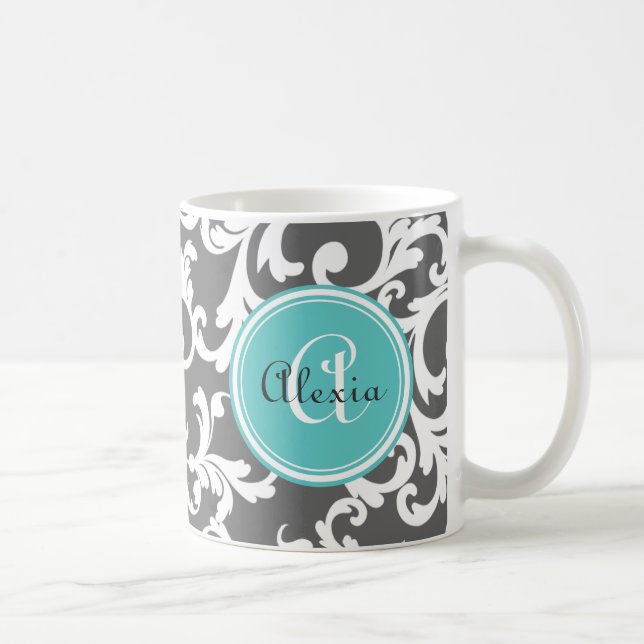 Caneca De Café Cinzas e Impressão de Damasco Monograma e Aqua (Direita)