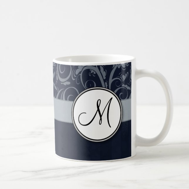 Caneca De Café Cinzas e Marinhos Florais & Strips com Monograma (Direita)