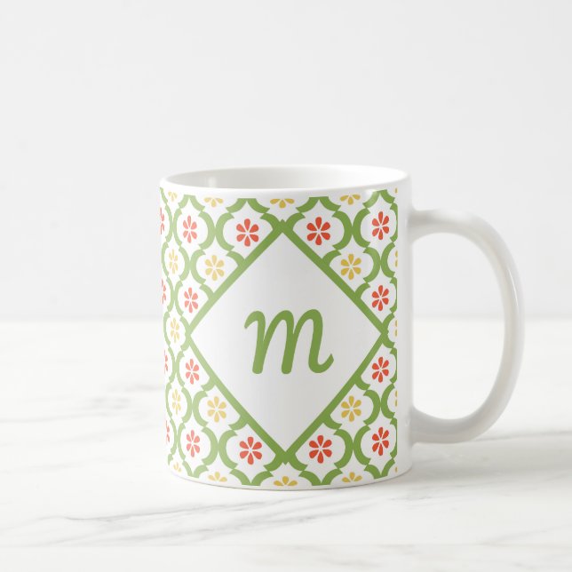 Caneca De Café Cinzas e Monograma de Quatrefoil Verde Girly (Direita)