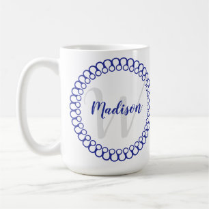 Caneca De Café Círculo Decorativo Azul Personalizar Monograma Mu