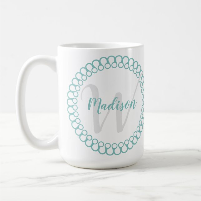 Caneca De Café Círculo Decorativo Teal Personalizar Monograma (Esquerda)