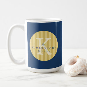 Caneca De Café Círculo Listrado Azul Amarelo Monograma Personaliz