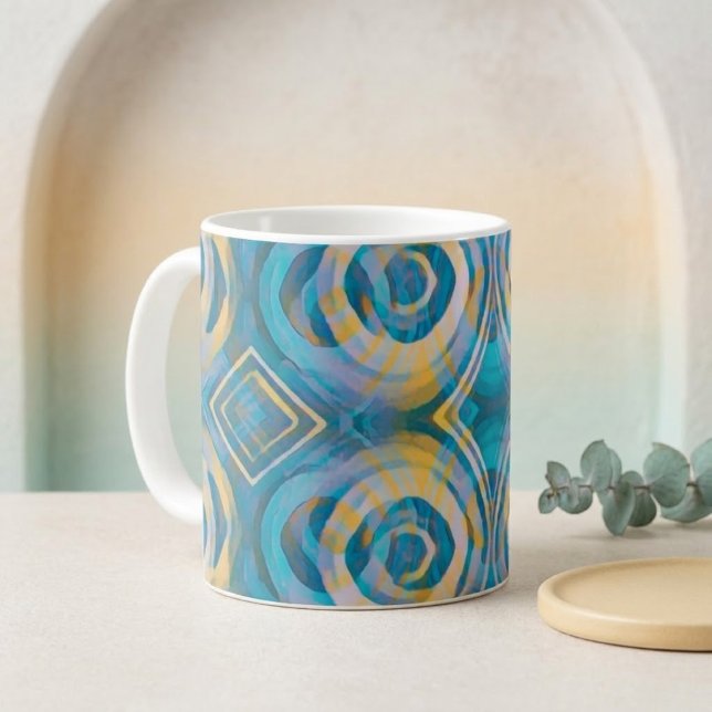 Caneca De Café Círculos e Diamantes em Batique Turquesa e Amarelo (Criador carregado)