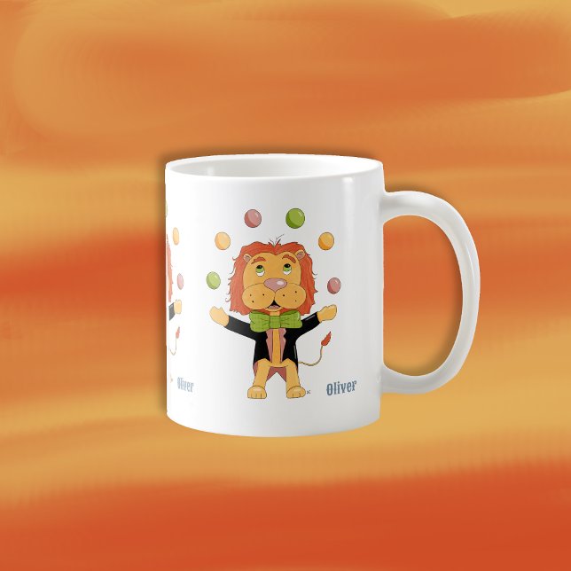 Caneca De Café Circus Juggler Lion Kid Mug with Name (Fun personalized mug for (12oz) kids with a juggler lion .)