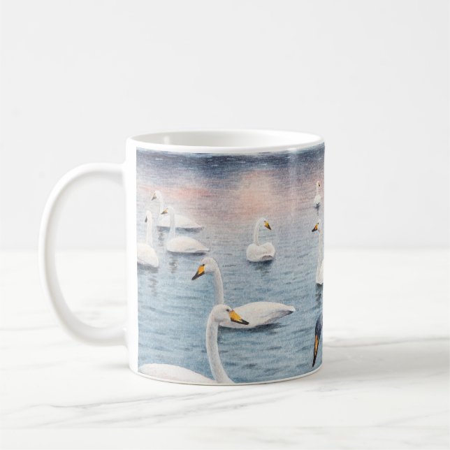Caneca De Café Cisne branco-mudo num lago. Pintel de aquarela (Esquerda)