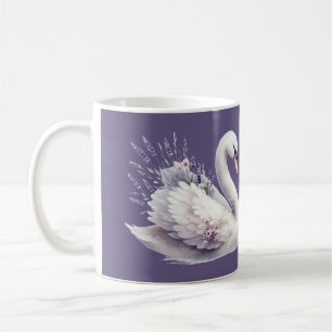 Caneca De Café Cisne em Aquarela com Florais Lavanda
