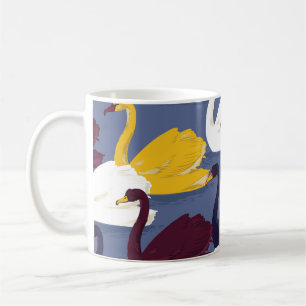 Caneca De Café Cisnes desenhadas à mão, padrão de lago azul.