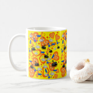 Caneca De Café Cisnes Laranja Corações Azuis Estrelas Amarelas Mu