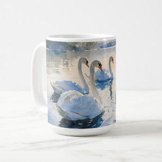Caneca De Café Cisnes no Lago Pintura em Aquarela