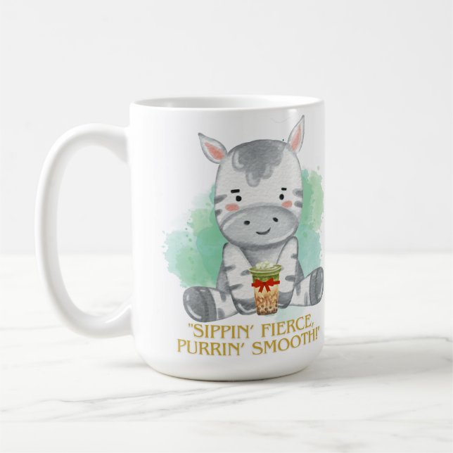 Caneca De Café citação de desenho de zebra bebendo chá bobba (Esquerda)