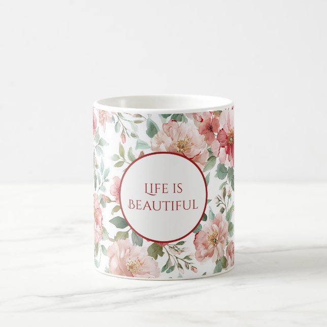 Caneca De Café Citação Personalizada de Flores Vermelhas Rosadas (Centro)