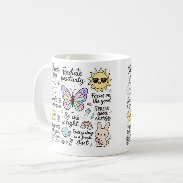 Caneca De Café Citações Motivacionais e Caracteres Felizes (Frente Esquerda)