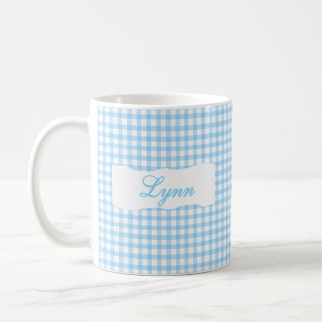 Caneca De Café Classic Blue Gingham Personalized Name  (Esquerda)