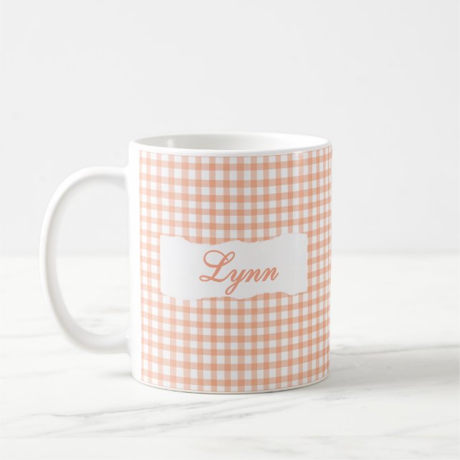 Caneca De Café Classic Orange Gingham Personalized Name  (Esquerda)