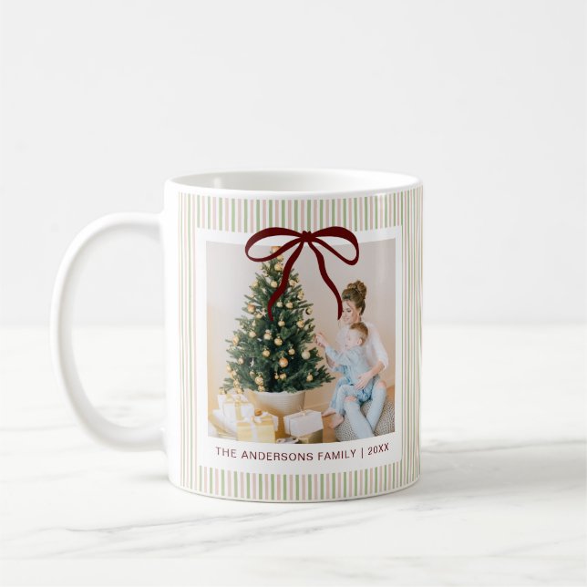 Caneca De Café Classic Pink Green Stripes Red Bow Christmas (Esquerda)