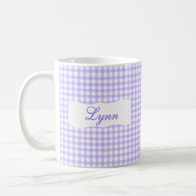 Caneca De Café Classic Purple Gingham Personalized Name  (Esquerda)