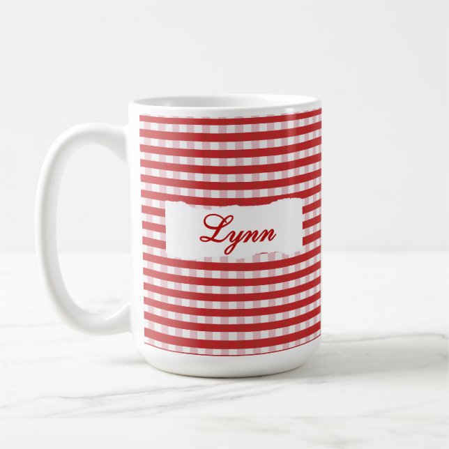Caneca De Café Classic Red Gingham Personalized Name  (Esquerda)