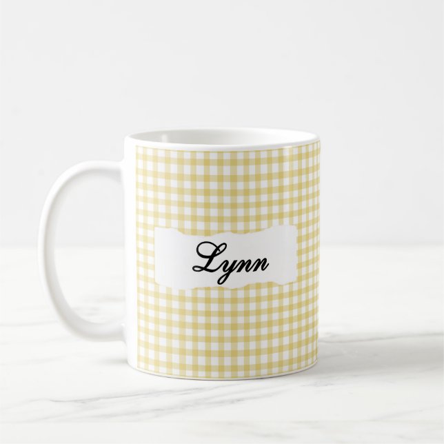 Caneca De Café Classic Yellow Gingham Personalized Name  (Esquerda)