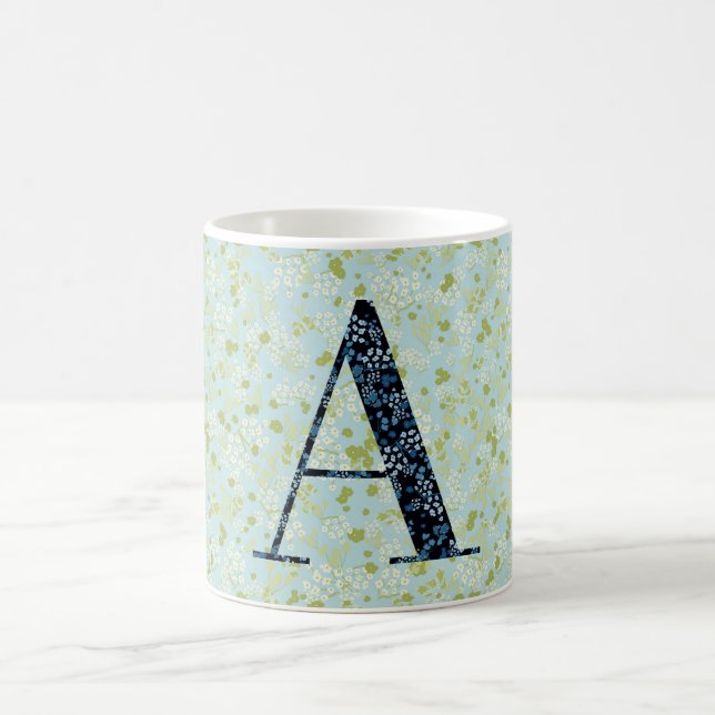 Caneca De Café Clássico Elegante Floral Monograma A azul com fras (Centro)
