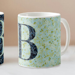 Caneca De Café Clássico Elegante Floral Monograma B azul com fras