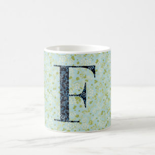 Caneca De Café Clássico Elegante Floral Monograma F azul c/frase